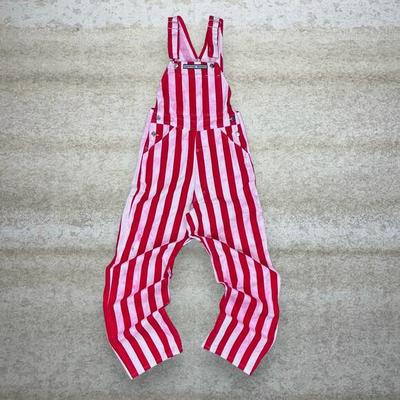 Vintage Game Bibs Overalls Red White Striped Baggy Fit Wide Leg Work Wear 90s - Picture 1 of 3